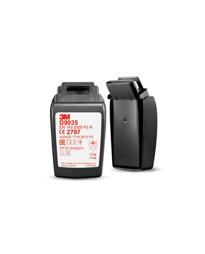 Two 3M Secure Click D9035 P3 R Particulate Filters with a low-profile design and audible secure click connection for effective respiratory protection