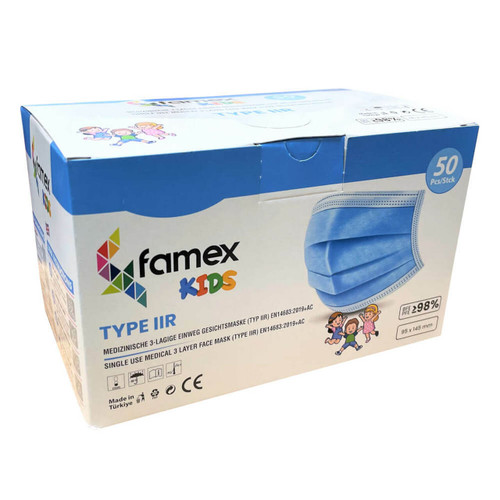 Famex Childrens Blue Type IIR Disposable Face Mask with Ear Loops - Box of 50
OVERVIEW