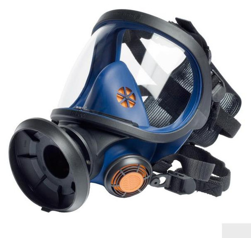 Sundstrom SR200 Full Face Mask Respirator displayed prominently, showcasing its blue silicone body and large polycarbonate visor