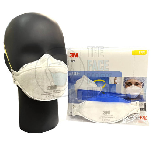 3M 1861+ Aura FFP1 Type IIR Mask: Mask on Mannequin, Box of 20 and Single Mask