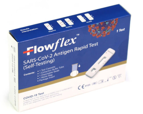 Closed Flowflex-branded box highlighting the Rapid Antigen Self-Test feature, indicating the inclusion of three individual tests