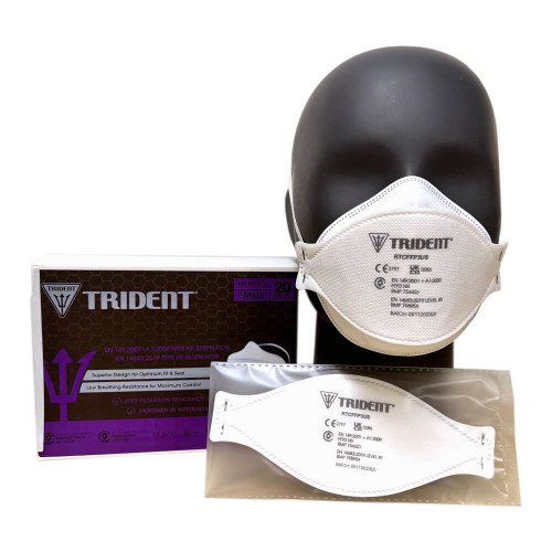 Trident FFP3 Face Mask in Small: head mannequin, box and mask in packaging