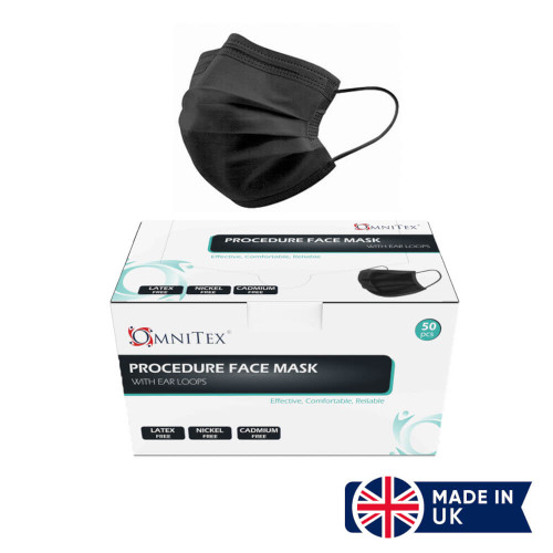 Omnitex Type IIR Black Face Masks Premium Surgical  with Ear Loops - Box of 50 Made in UK