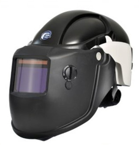 Front view of Gentex Pureflo PF3000 Hard Hat in Black with PAPR Welding Visor P3, showcasing the clear visor and integrated respirator filter system