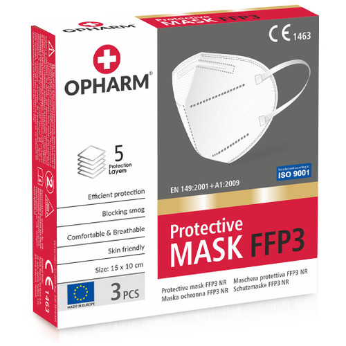 Opharm FFP3 White Disposable Face Mask with Ear Loops -  Box of 3 Masks