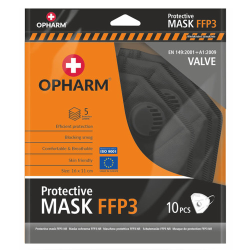 Pack of Opharm Black FFP3 Mask with Valve and Ear Loops