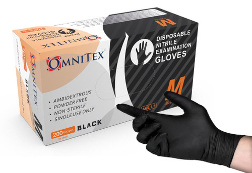 Omnitex Premium Disposable Black Nitrile Gloves Powder Free with Gloves on Hand