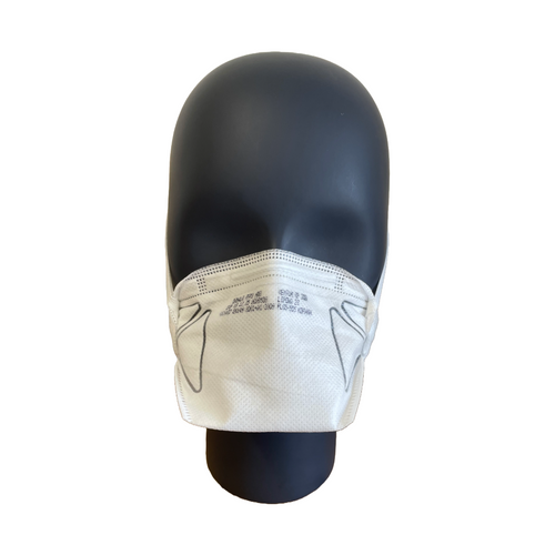 White FFP2 NR D medical respirator mask properly fitted on a black mannequin head, showing coverage of nose, mouth, and chin